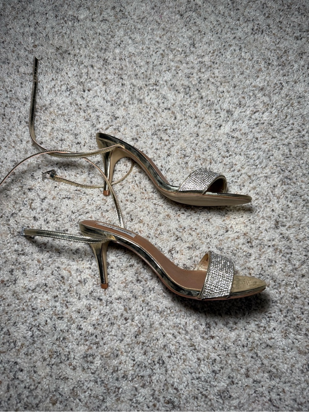 Steve Madden Metallic Gold Rhinestone Strap Ankle-Heel Sandals - Picture 3 of 10